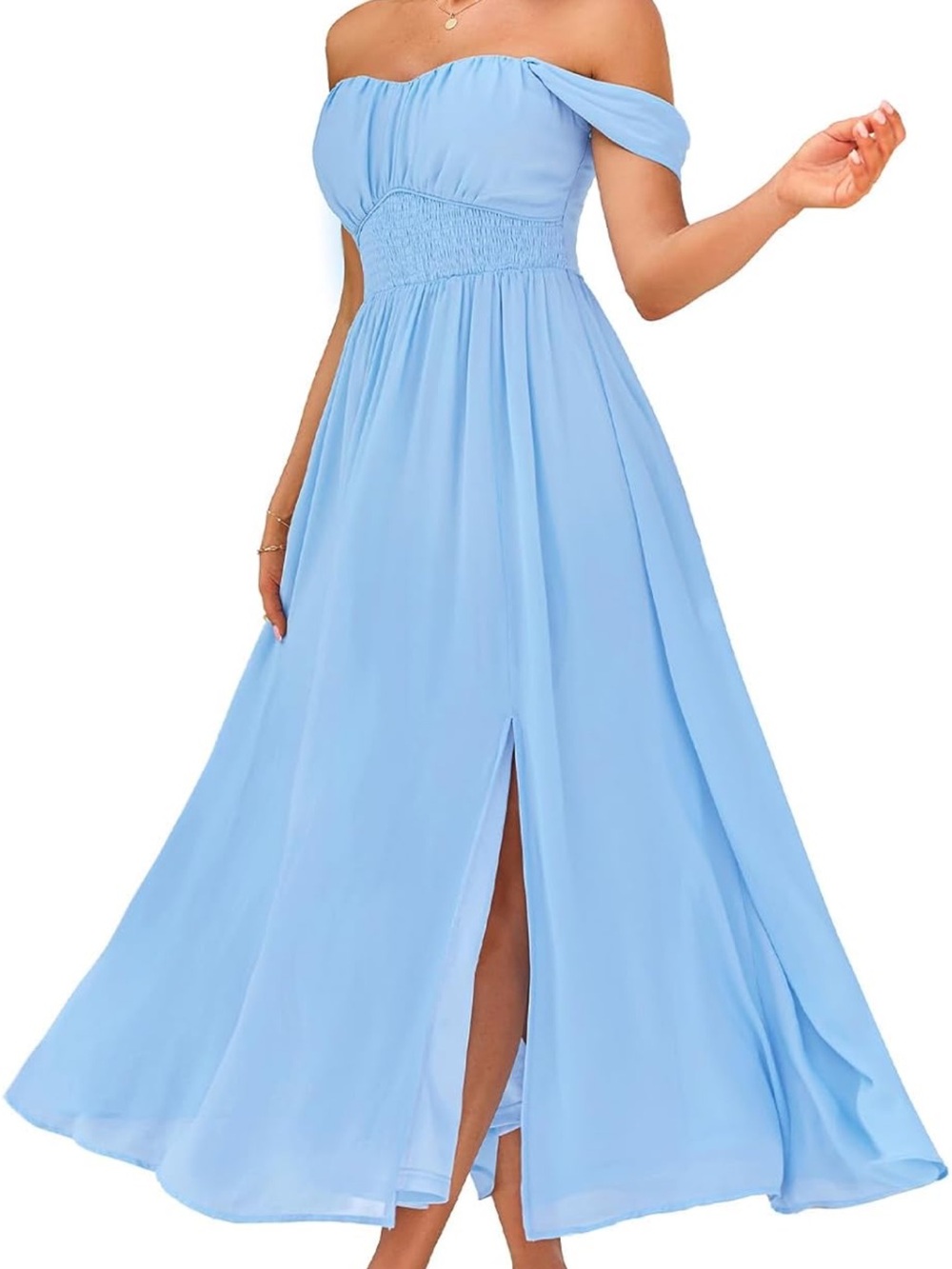 Grace Karin Off-Shoulder Light Blue Maxi Dress with Front Slit